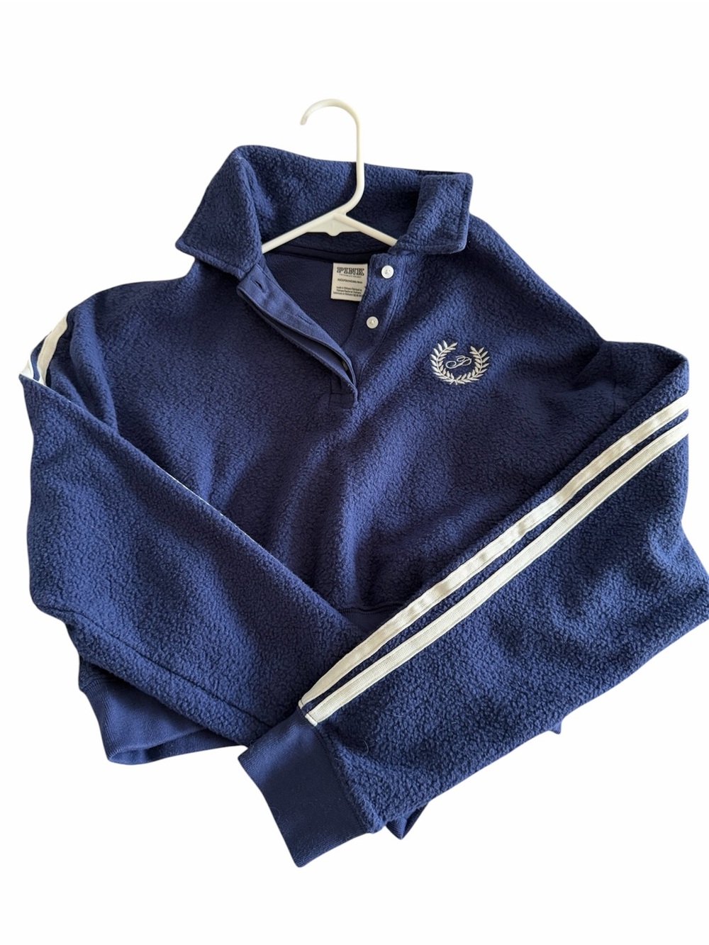 PINK Victoria's Secret Navy Blue Fleece Pullover with White Stripes
